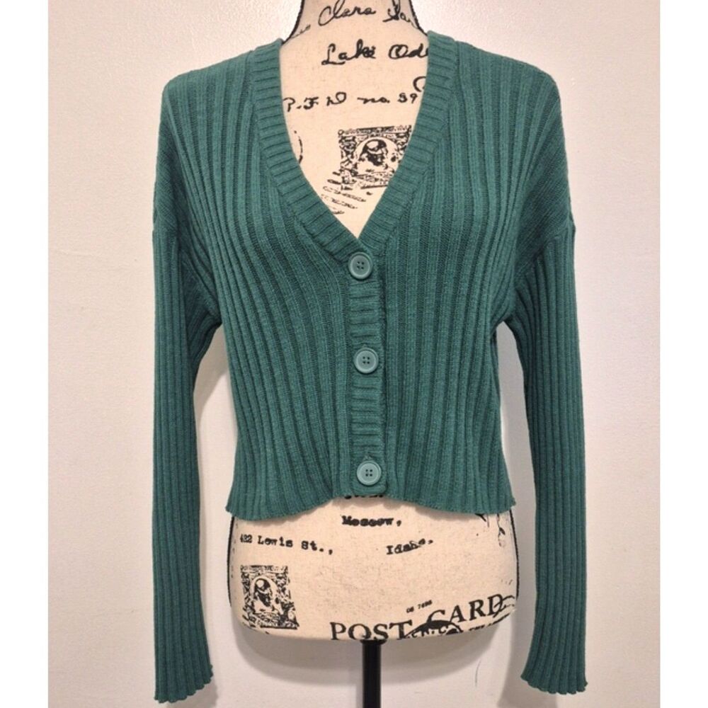 American Eagle Teal Green Ribbed Cropped Cardigan XS Button Front Fitted Y2K